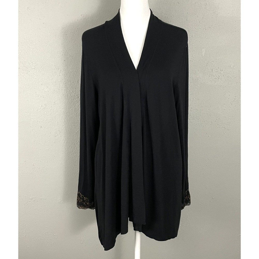 SOMA Black Jersey Knit OPEN CARDIGAN WRAP JACKET TOP Bronze Lace at Cuffs SZ M